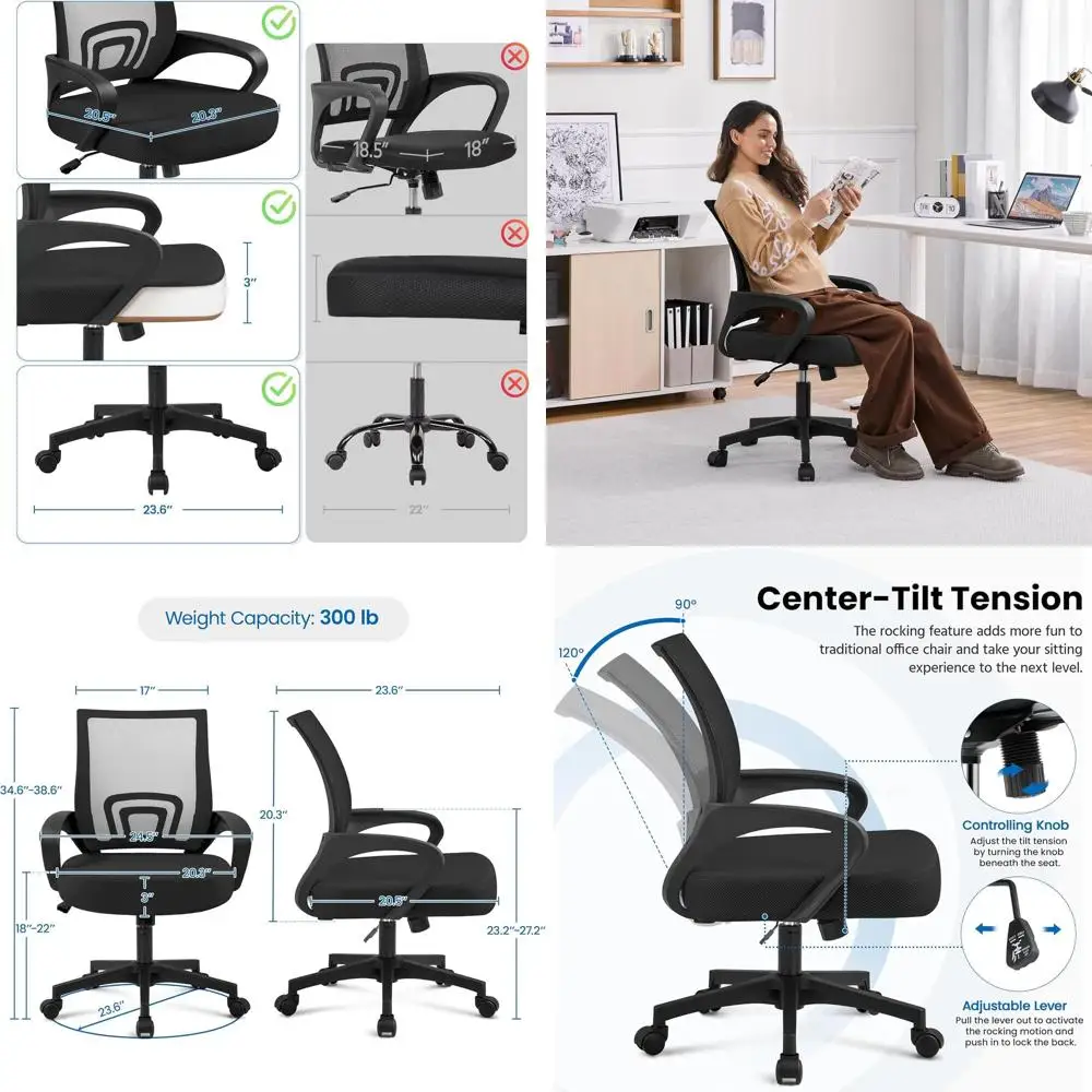 

Adjustable Height Ergonomic Mesh Chair with Swivel and Lumbar Support for Home Office, Black