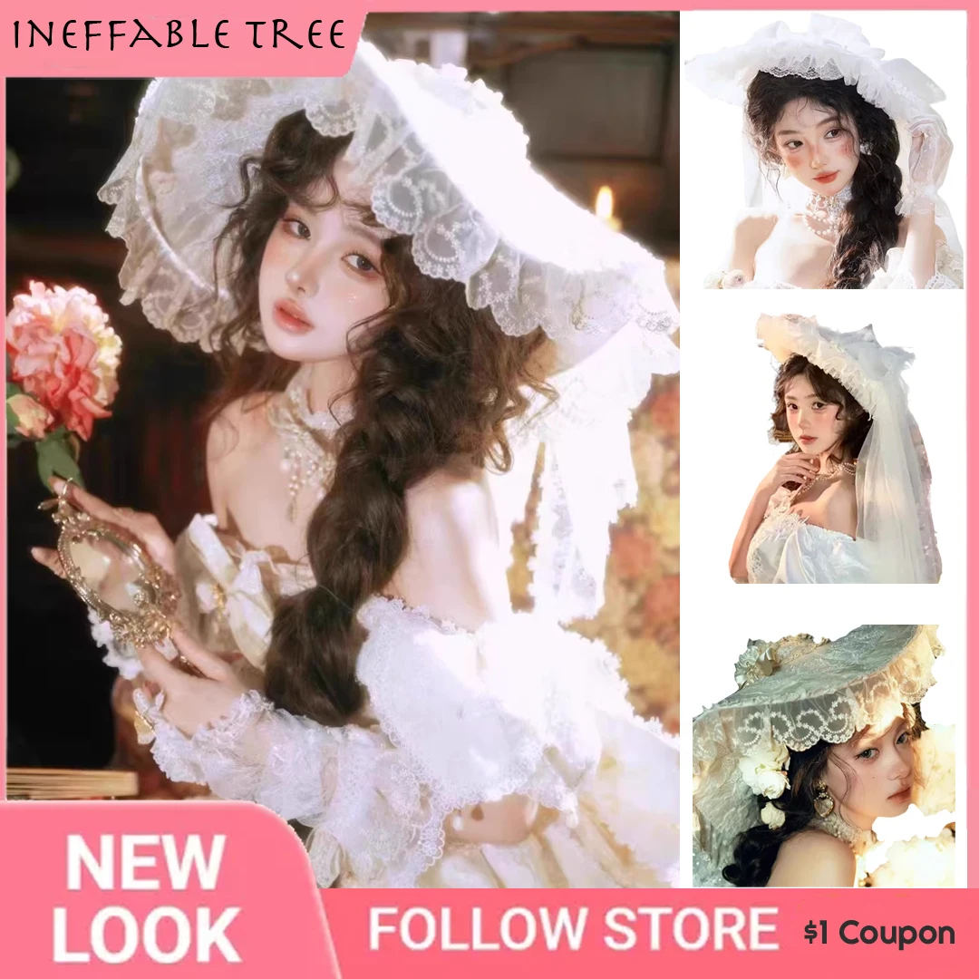

Floral Lace-Overlay Bridal Bandage Bow Wizard Hats for Women Photography Lolita Cosplay Costume Halloween Party Fedoras Gorras
