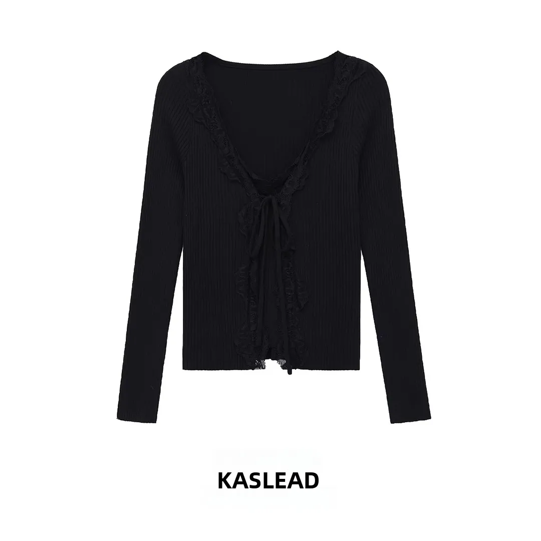 

KASLEAD Новая женская модная куртка с длинным рукавом, V-образным вырезом, в рубчик, с кружевной отделкой, из полиэфирного волокна, весна 2026