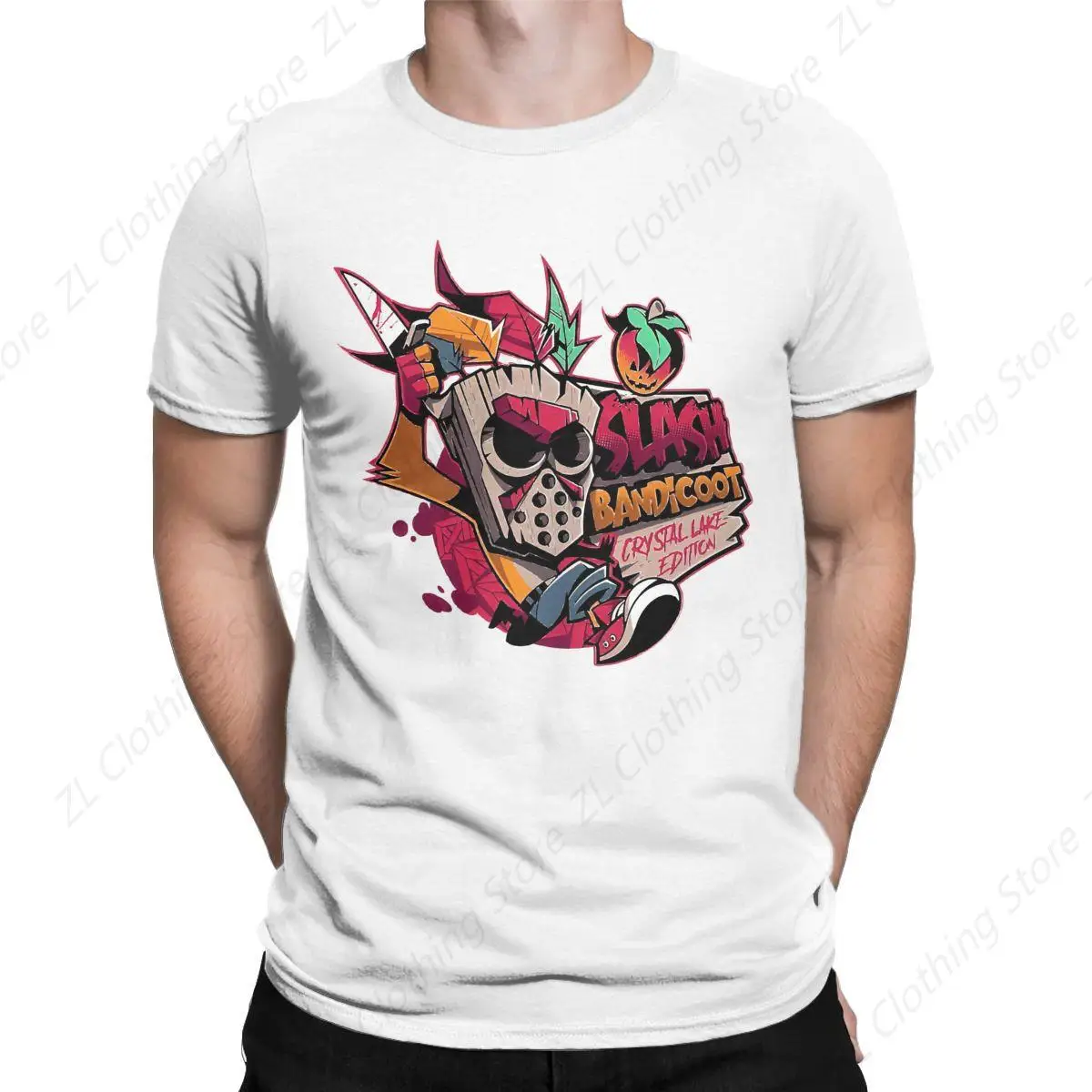 Crash Slash T-Shirts for Men Game Cartoon Bandicoots Vintage Cotton Tees Round Neck Short Sleeve T Shirts Birthday Gift merch