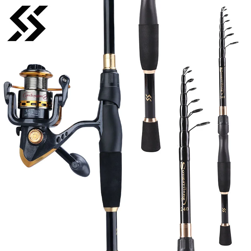 Sougayilang Telescopic Fishing Combo 1.8m 2.1m 2.4m Carbon Fiber Rod and 5.5:1 13+1BB Spinning Fishing Reel Fishing Kit Pesca