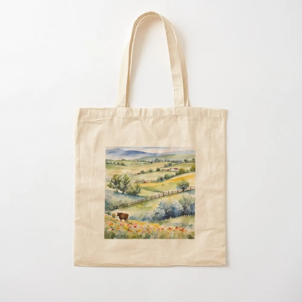 Rural Countryside Charm: Rolling Hills and Blossoming Meadows - Watercolor Landscape Tote Bag tote bag custom