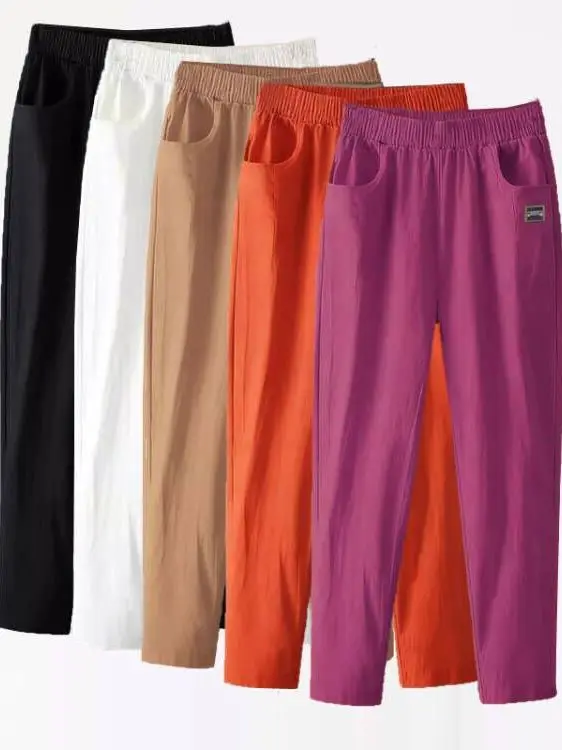 

Women's Summer Thin Cotton Linen Casual Straight Leg Harlan Pants High Waist Elastic Waist Pure Color Pocket Design