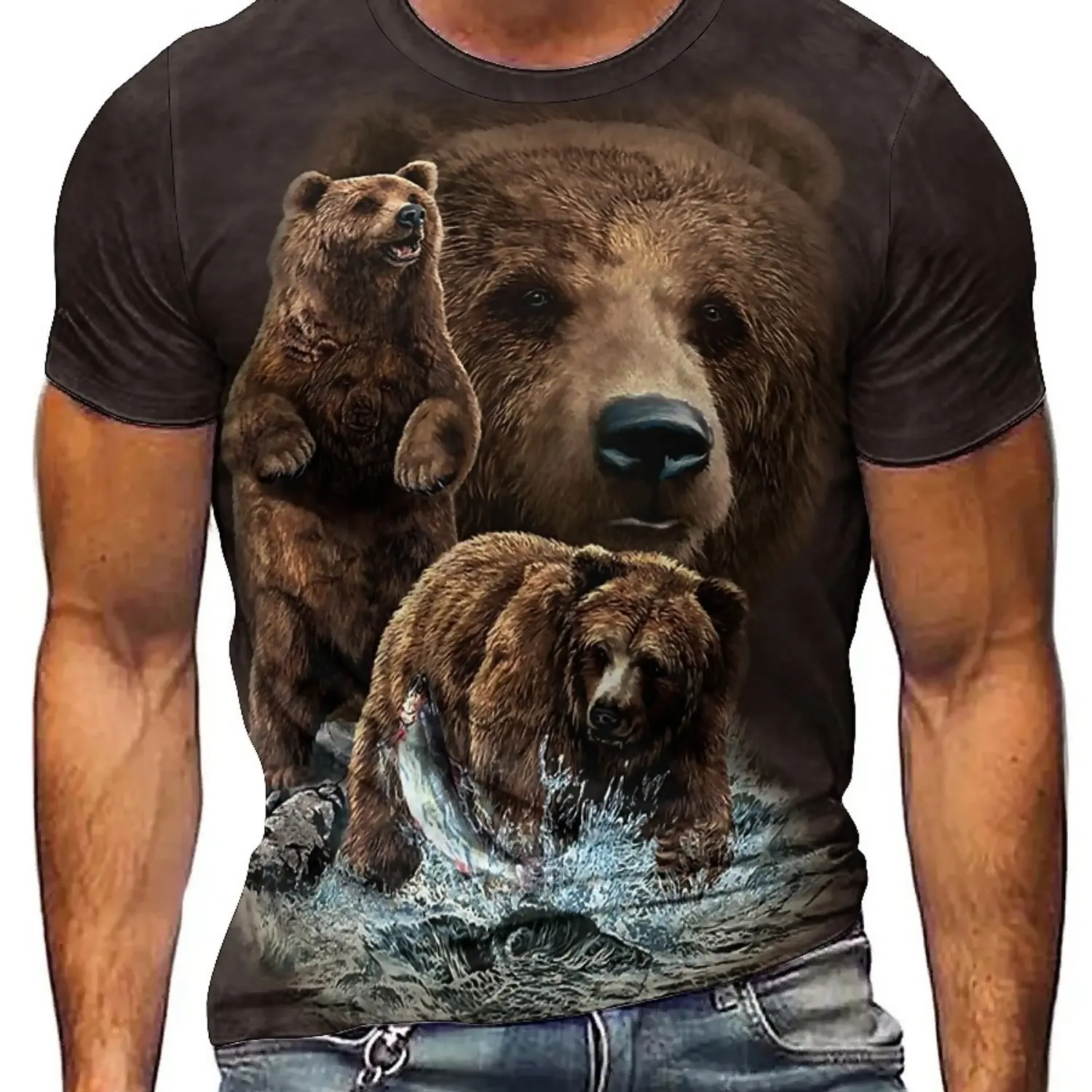 Spring/Summer Men's & Women's 3D Print Bear Graphic T-Shirt - Soft Polyester Fabric, Regular Fit Round Neck Short Sleeve Tee
