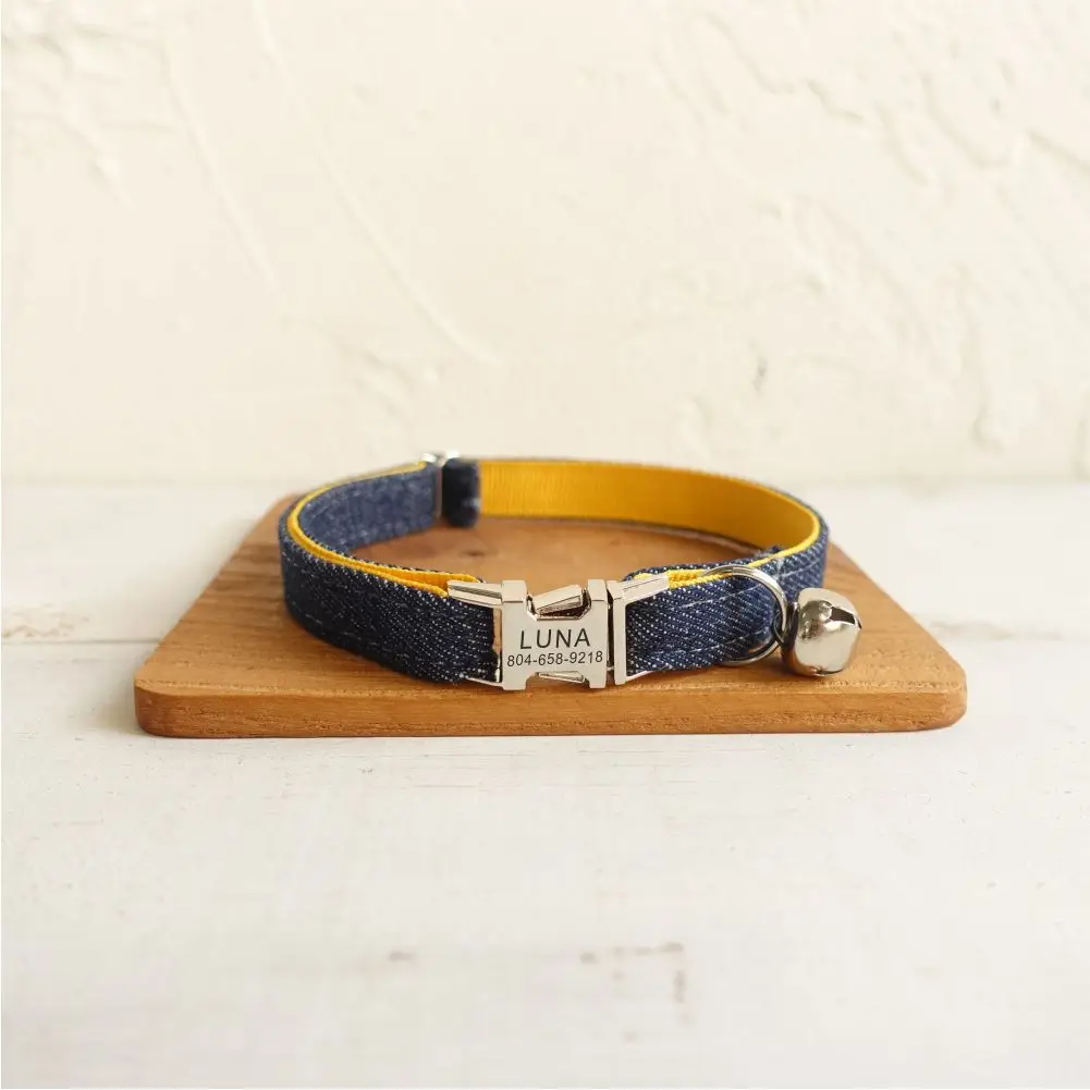 

Personalized Cat Collar Customized Nameplate ID Metal Buckle Adjustable Yellow Jean Fiber Cat Collars with Bell