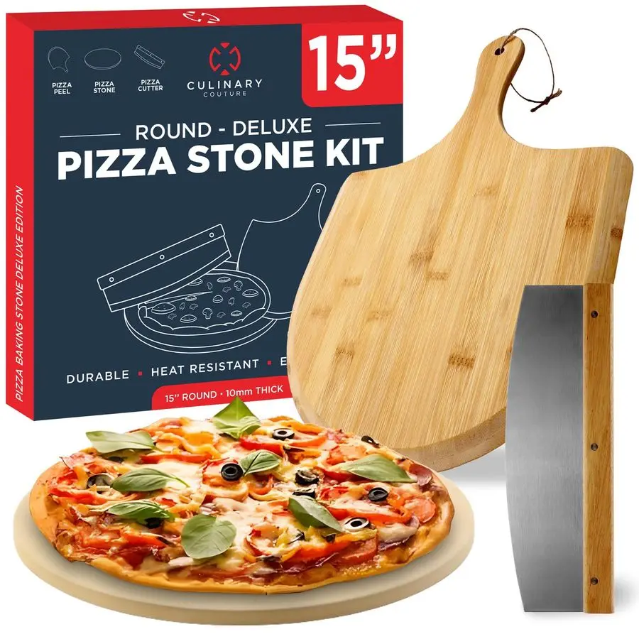 

Round Pizza Stone for Oven Set 15 Comes with Pizza Peel for Oven and Cutter Cordierite Stones for Bread, Calzone, Cookies