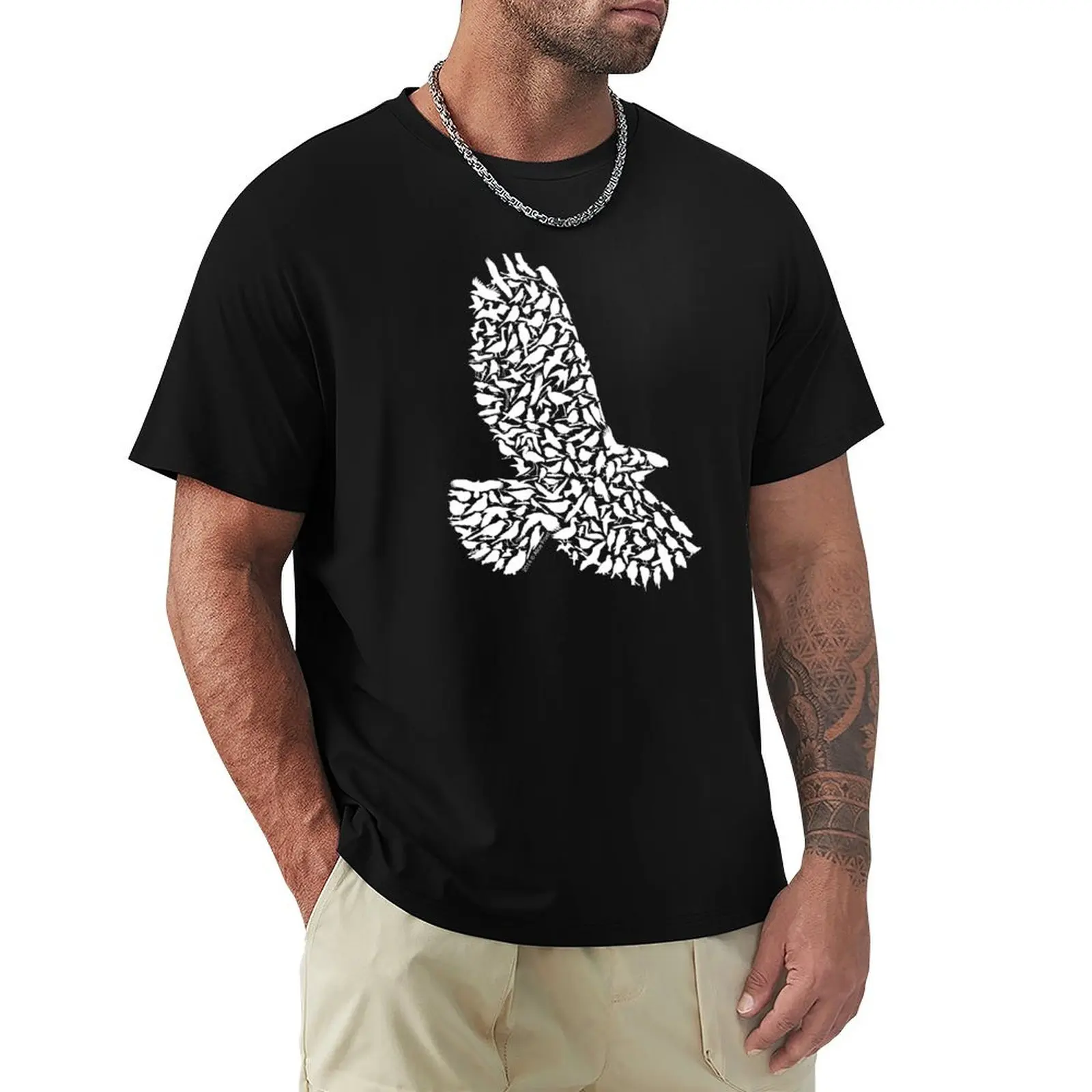 Red-Tailed Hawk Silhouette Art made from Birds T-Shirt Casual Basic Street Style T-Shirt