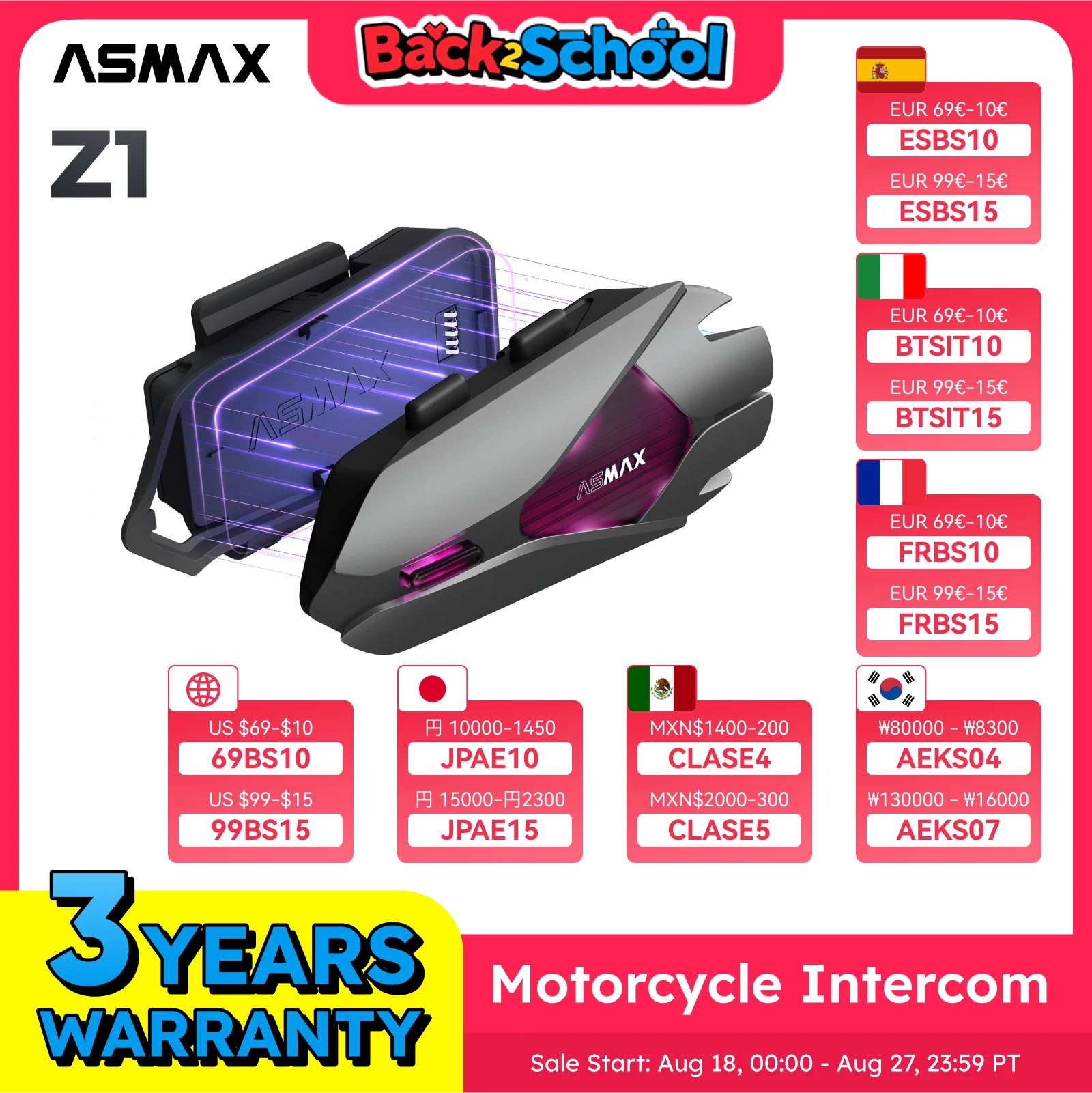 

ASMAX Z1 Moto Bluetooth Headset 10 Riders Mesh Helmet Communication Systems AI Voice Control Intercom ENC Noise Reduction