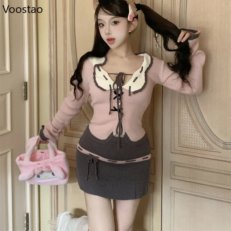 Primavera autunno rosa Kawaii Lolita gonna 2 pezzi Set donna Casual Y2k maglione lavorato a maglia minigonna vestito femminile coreano moda Outfit