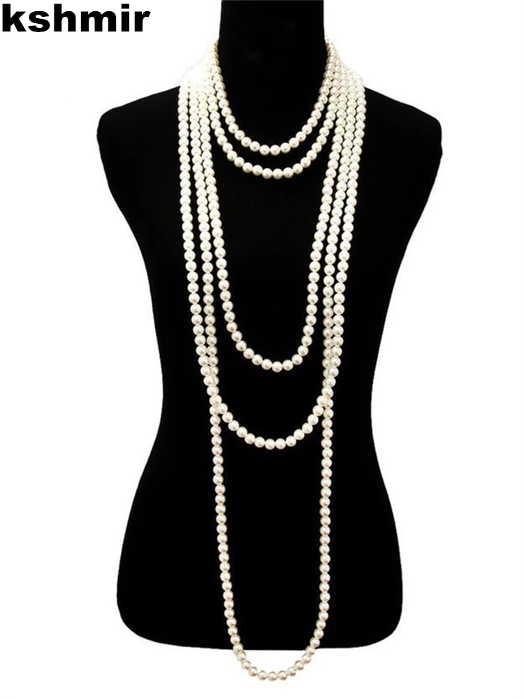 1.5m -8mm fashion glass imitation pearl necklace women\'s simple knot multi-layer long sweater chain clothing accessories 2021