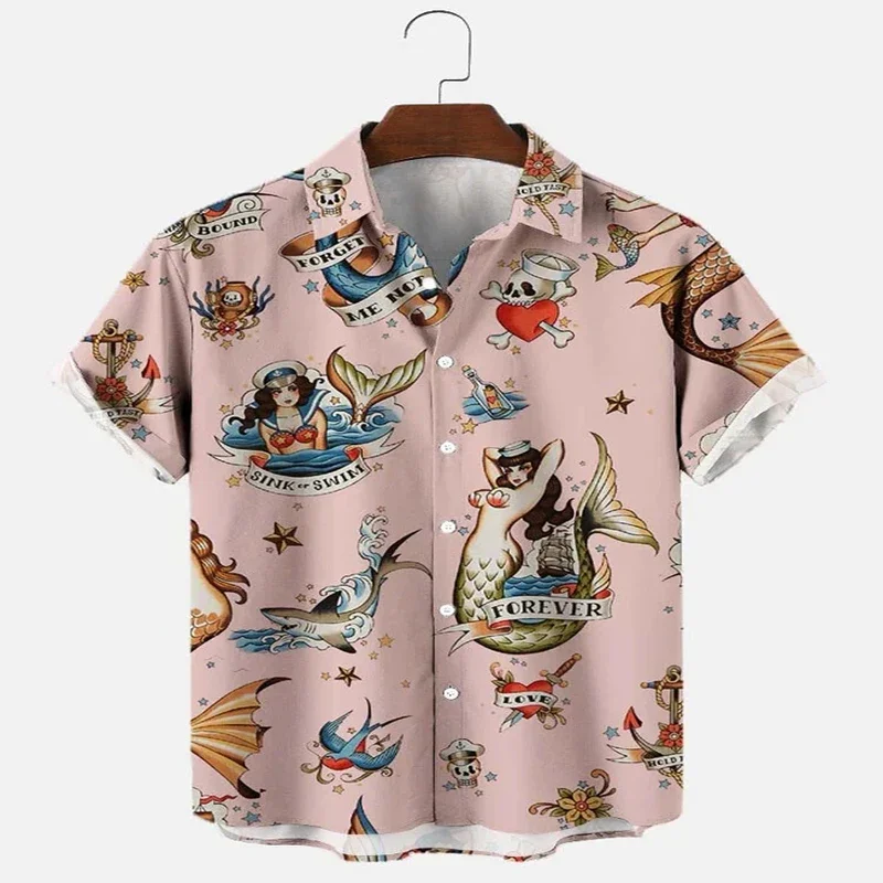 Vintage Mermaid Hawaiian Shirt 3D All Over Printed Hawaiian Shirt for Men and Women Casual Shirt Unisex