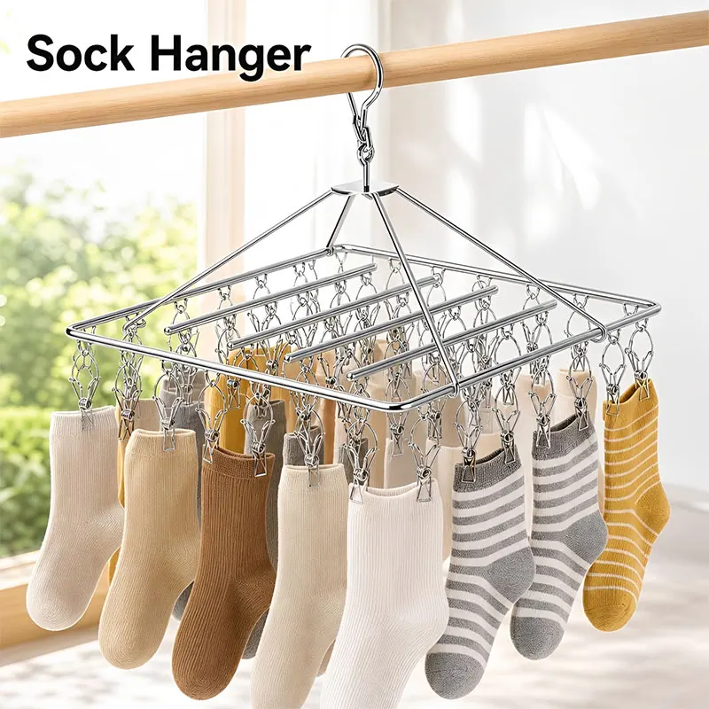Silver Laundry Hanger Stainless Steel Drying Rack With Clips Clothesline Dryer Bra Towel Rack Clothes Airer Peg Hook Drying Sock