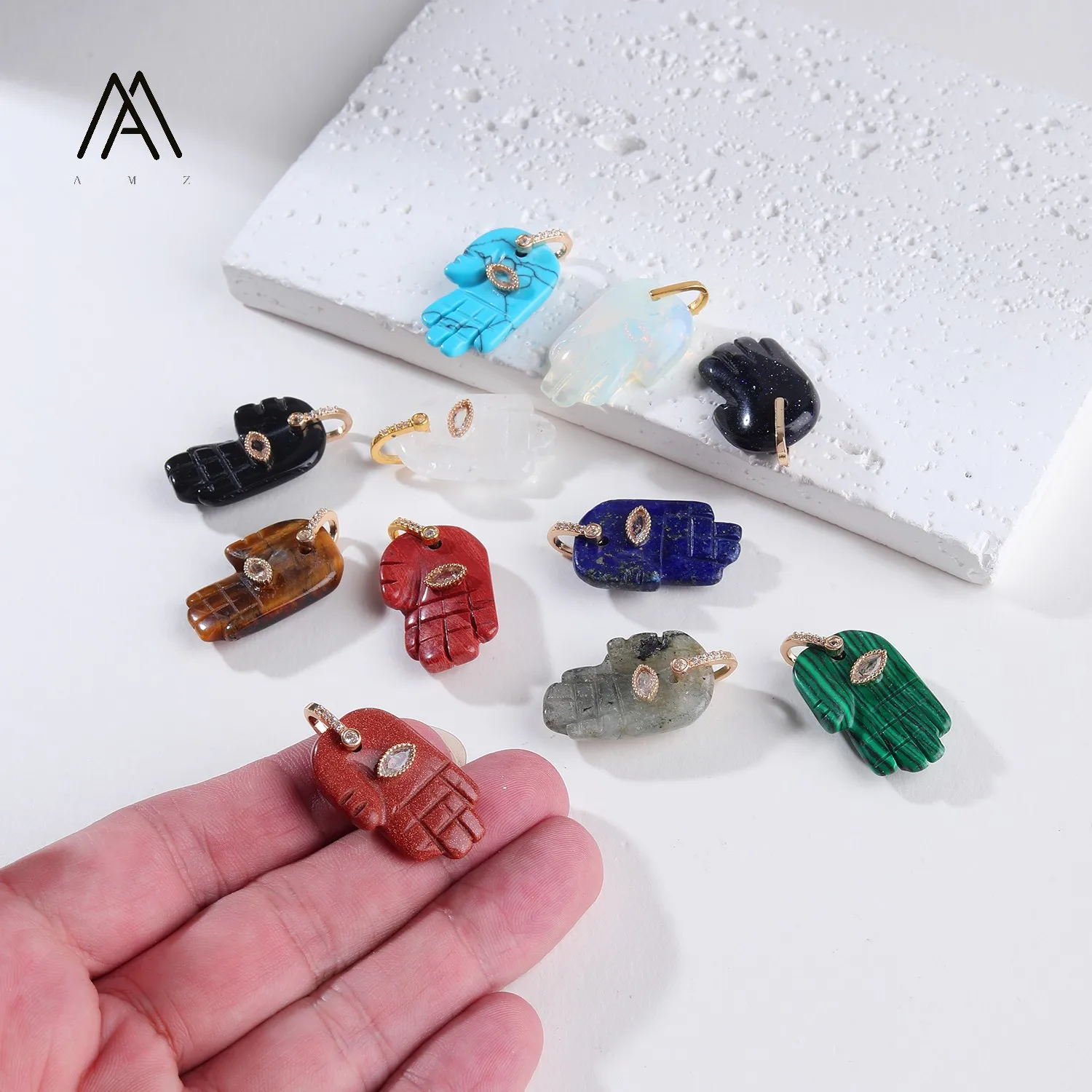 1/3/5/10pcs Hamsa Fatima Hand Natural Gemstone Charms Pendant Malachite Tiger Eye DIY Necklace Jewelry Making Supply
