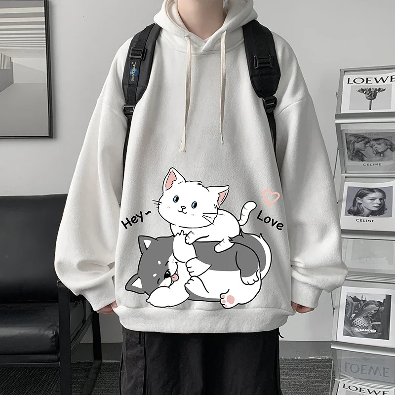 Funny Men's Oversized Hoodie Off White 5XL Cat Print Hoodies with Hat Over size for Men Man Hoody Casual Wear Male Sweatshirt