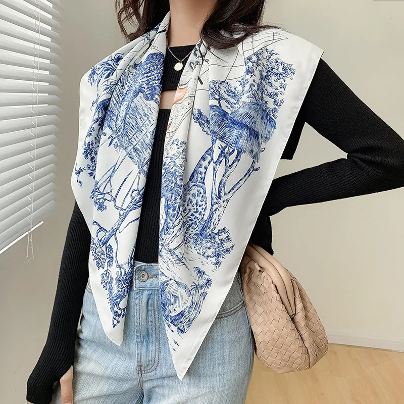 

2023 Spring New Elegant Korean Twill Silk 90 Large Square Scarf Women's Fashion Print Long Scarf Decoration Scarf