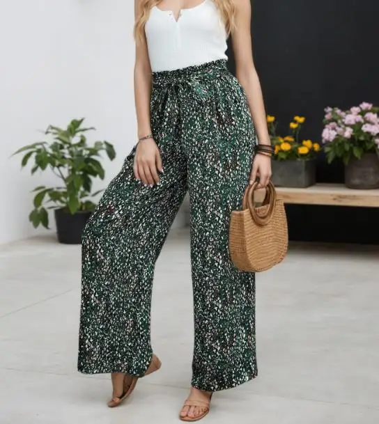 

Women's Pants Summer 2026 Vintage Floral Bow Tie Tie High Waist Hanging Feeling Wide Leg Pants Loose Slimming Casual Pants