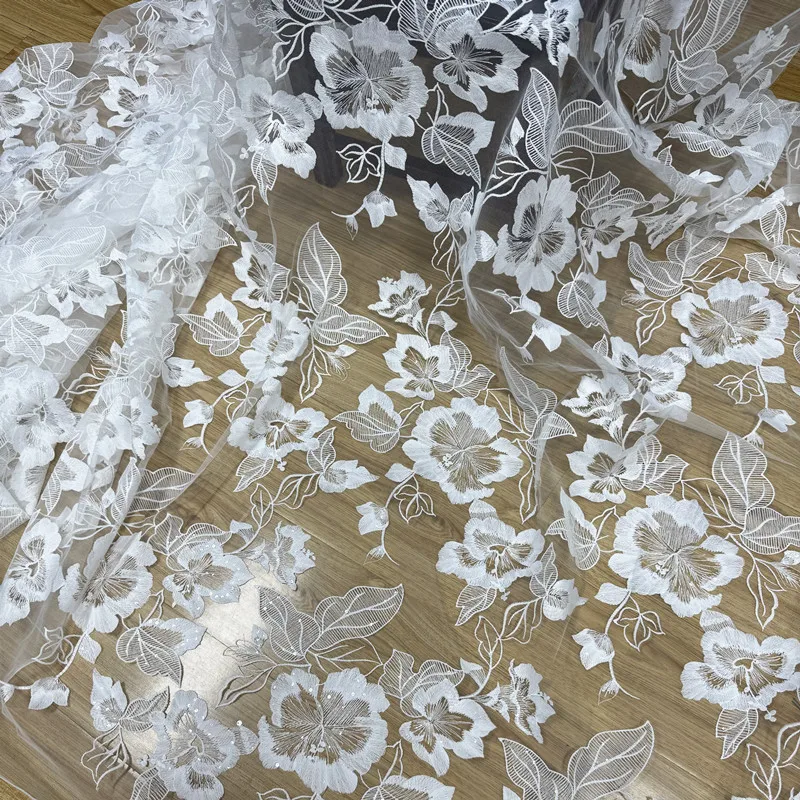 

Flower Leaf Embroidery Lace See Through Fabric for Sequin Mesh Performance Costume Dress Veil Decoration Fashion Sewing Material