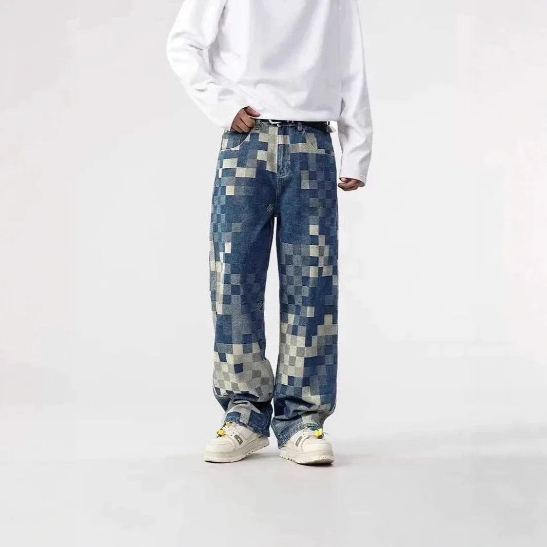 Men's Checkerboard Jeans Wide Leg Baggy Denim Pants High Street Y2K Retro Vintage Harajuku Streetwear Hip Hop Loose Fit Trousers