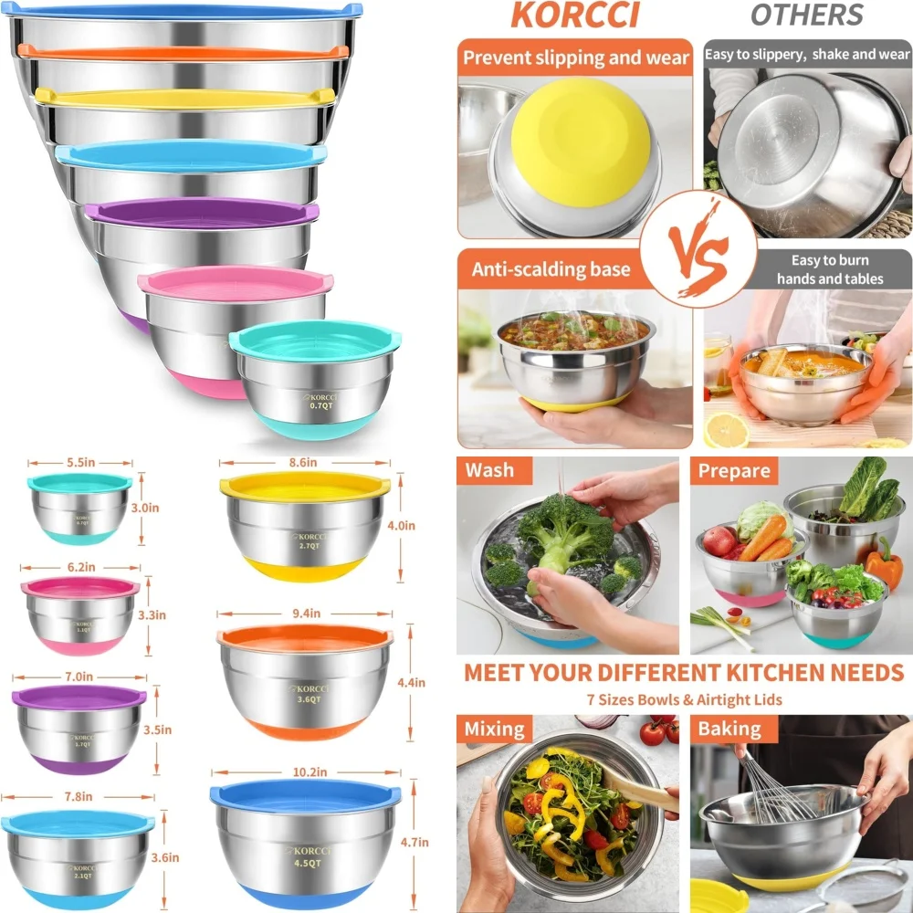 

Mixing Bowls with Airtight Lids Set 7 Piece Stainless Steel Nesting Storage Containers Kitchen Cookware Bakeware Utensils for