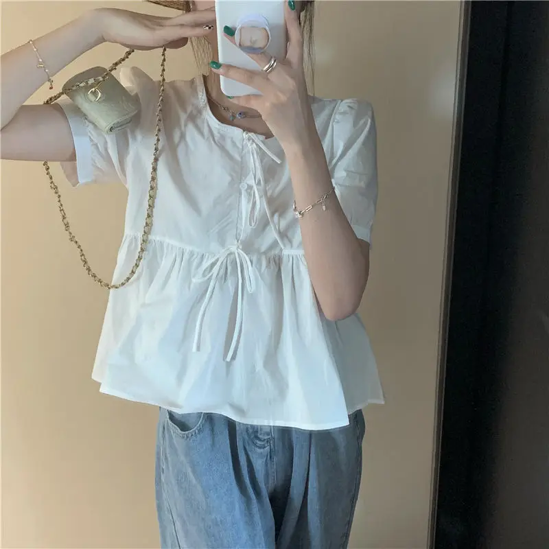 Ruffles Shirts and Blouses Korea Short Sleeve Top Women 2024 Summer Lace-up Sweet Blouses Cute Elegant Solid Sweet Folds Clothes