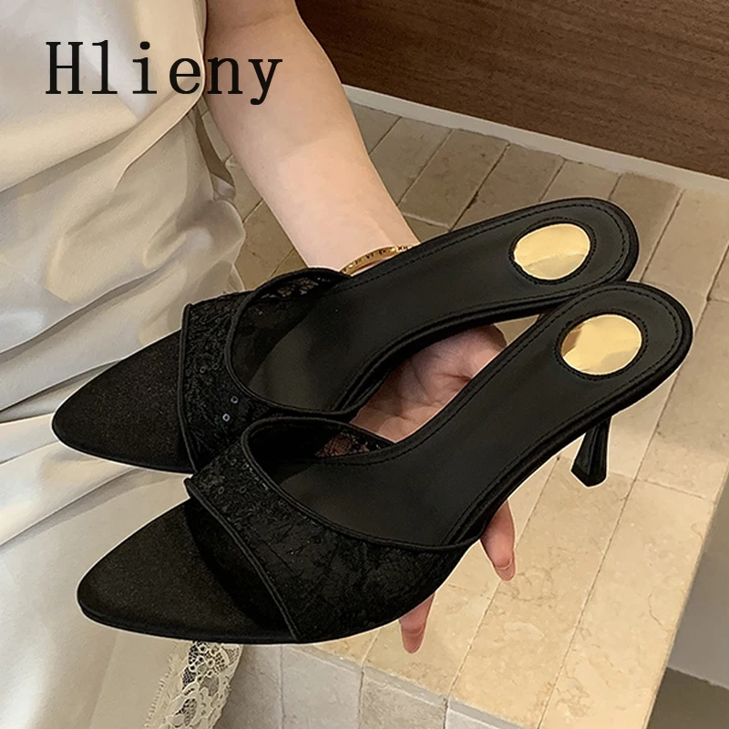 Hlieny Elegant Mesh Embroidery Thin High Heels Women Slippers Sexy Pointed Toe Dress Sandals Summer Banquet Prom Slides Shoes