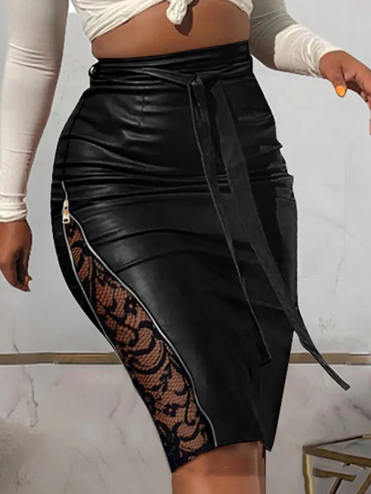 

SKMY Black Skirt Fashion Lace Patchwork Slim Fit Strap Lace-Up Knee Length Leather Skirts For Woman Y2k Clothing Sexy Clubwear