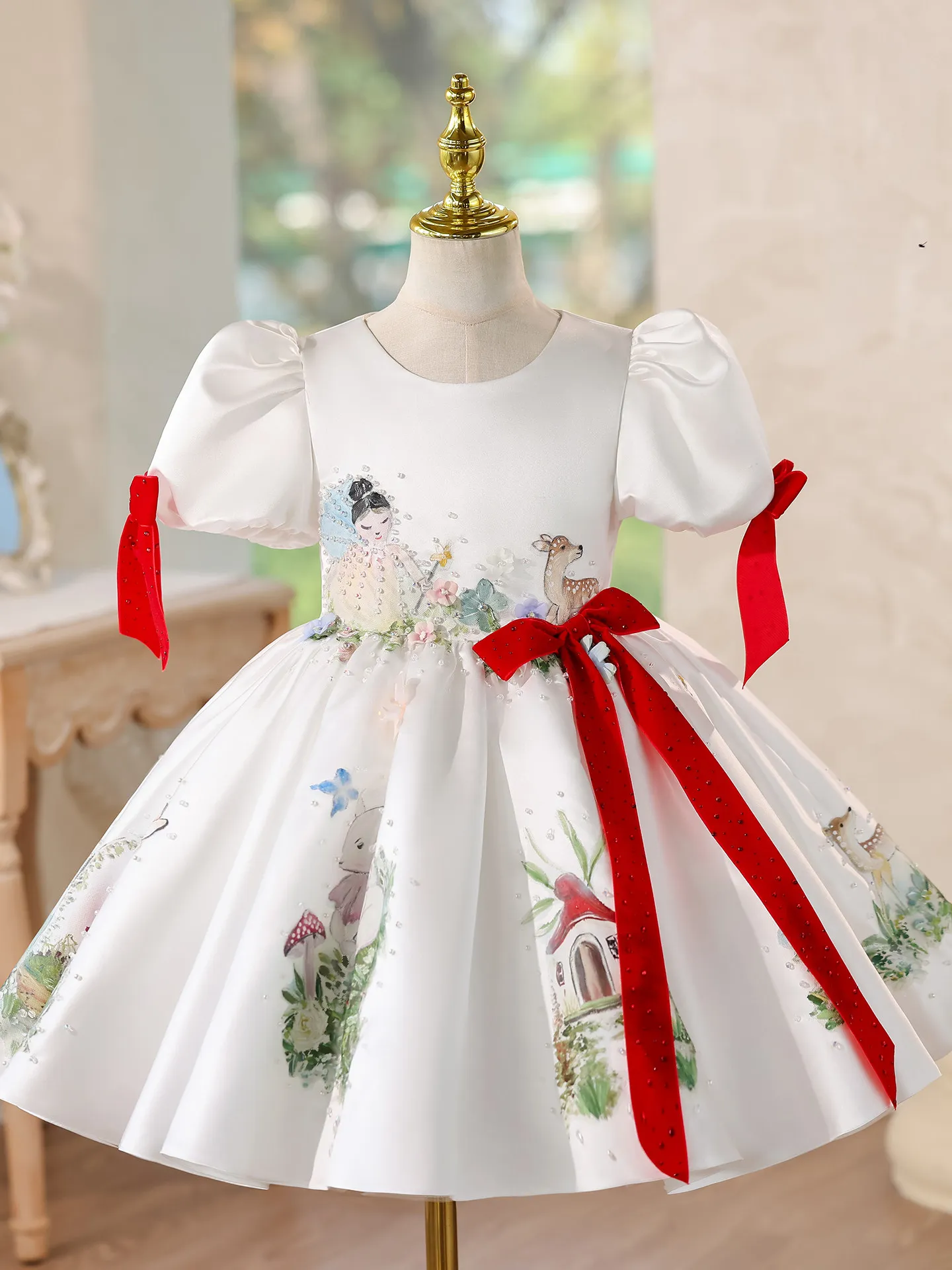 Custom Flower Girl Dress for Wedding First Christmas Party with Puff Sleeves Fairy Tale Print and Embellished Bow Waistband