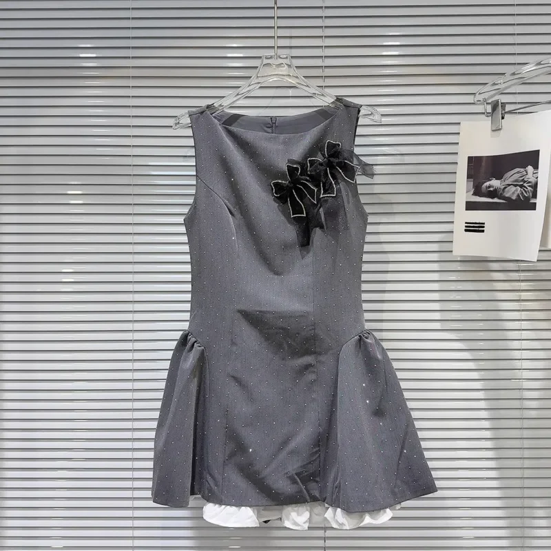 

2025 Summer New Collection Sleeveless Rhinestone Bow Applique Pin Diamonds Grey Short Tank Dress Women