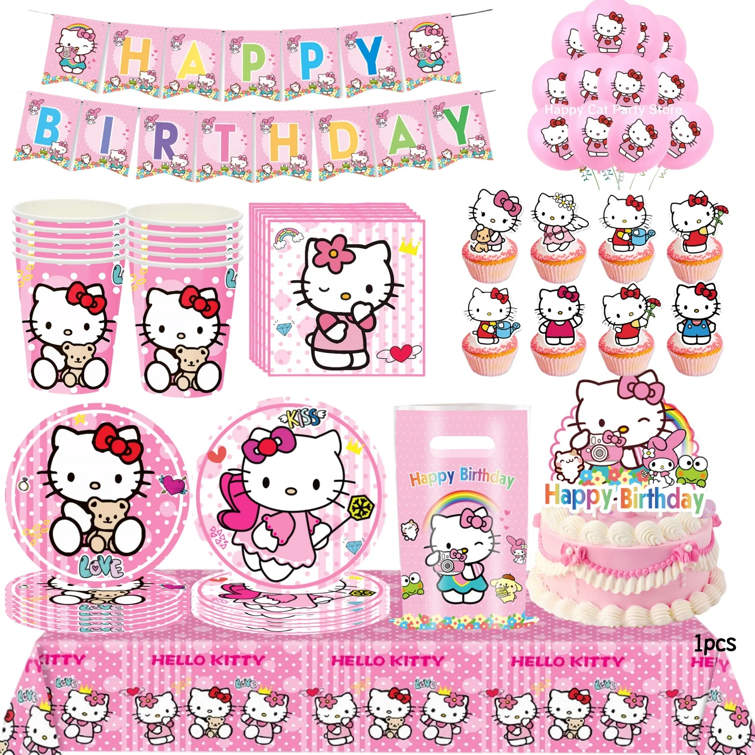 Kit de fête d'anniversaire Hello Kitty, vaisselle jetable, nappe Hello Kitty, tasses, assiettes, sac, cadeaux de fête prénatale Kitty