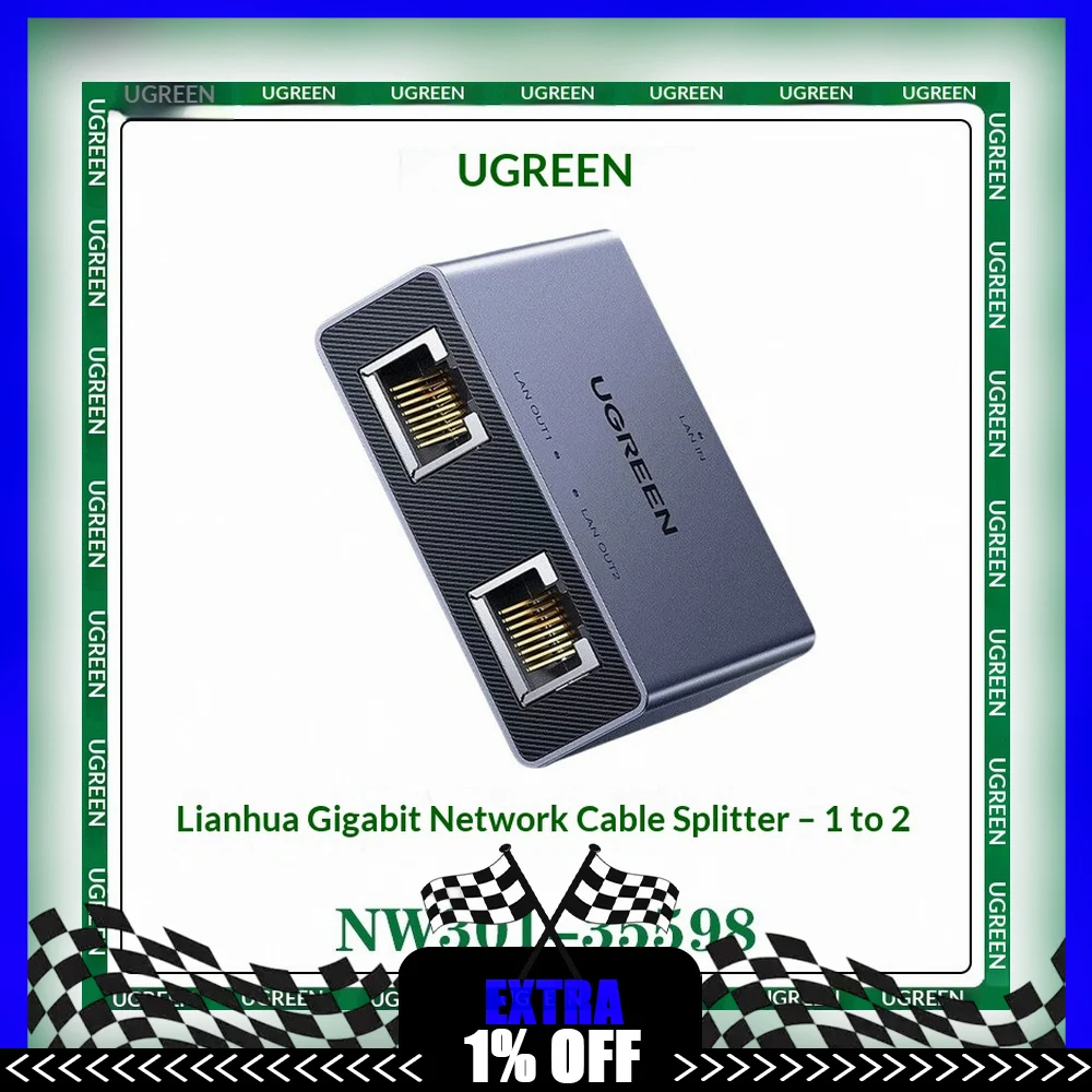 UGREEN 35598 NW301 Gigabit Ethernet Splitter 1 In 2 Out RJ45 Network Switch Adapter for Two Devices