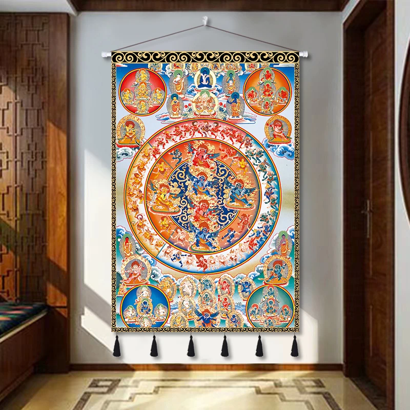 Tibetan Thangka Scroll Wall Tapestry - Yamantaka & Bodhisattva Guanyin Fabric Hanging for Meditation Room & Home Decor