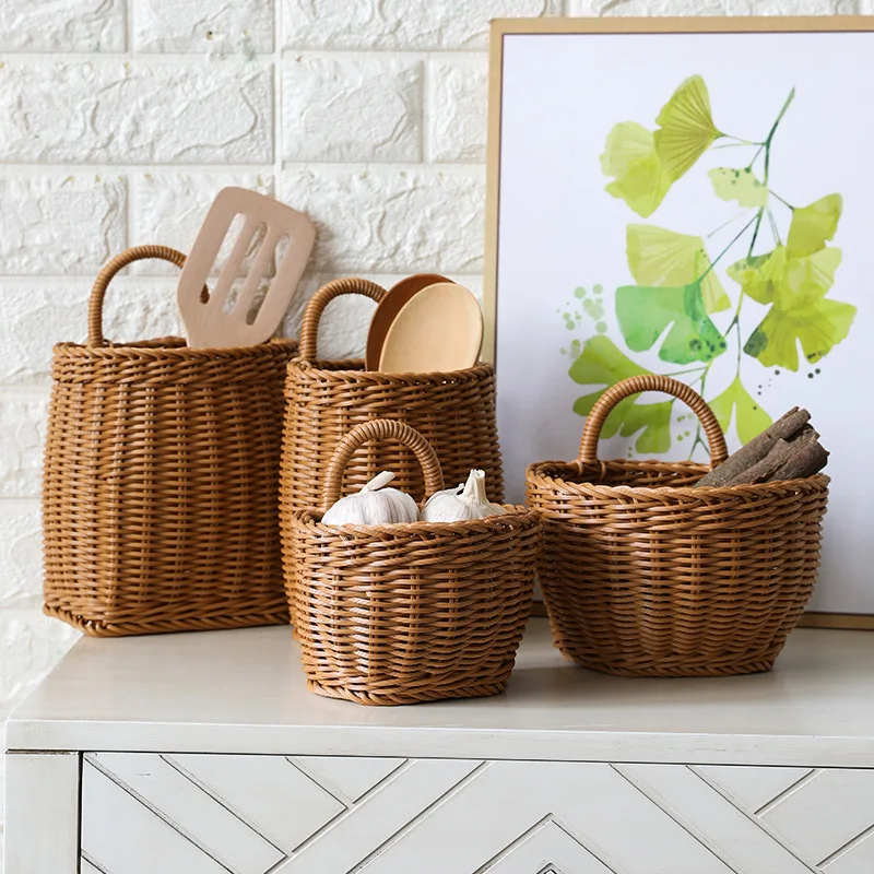 Wall Mounted Storage Basket Fruit Sundries Basket Simulated Rattan Decorative Hanging Basket Flower Pot with Handle Home Decor