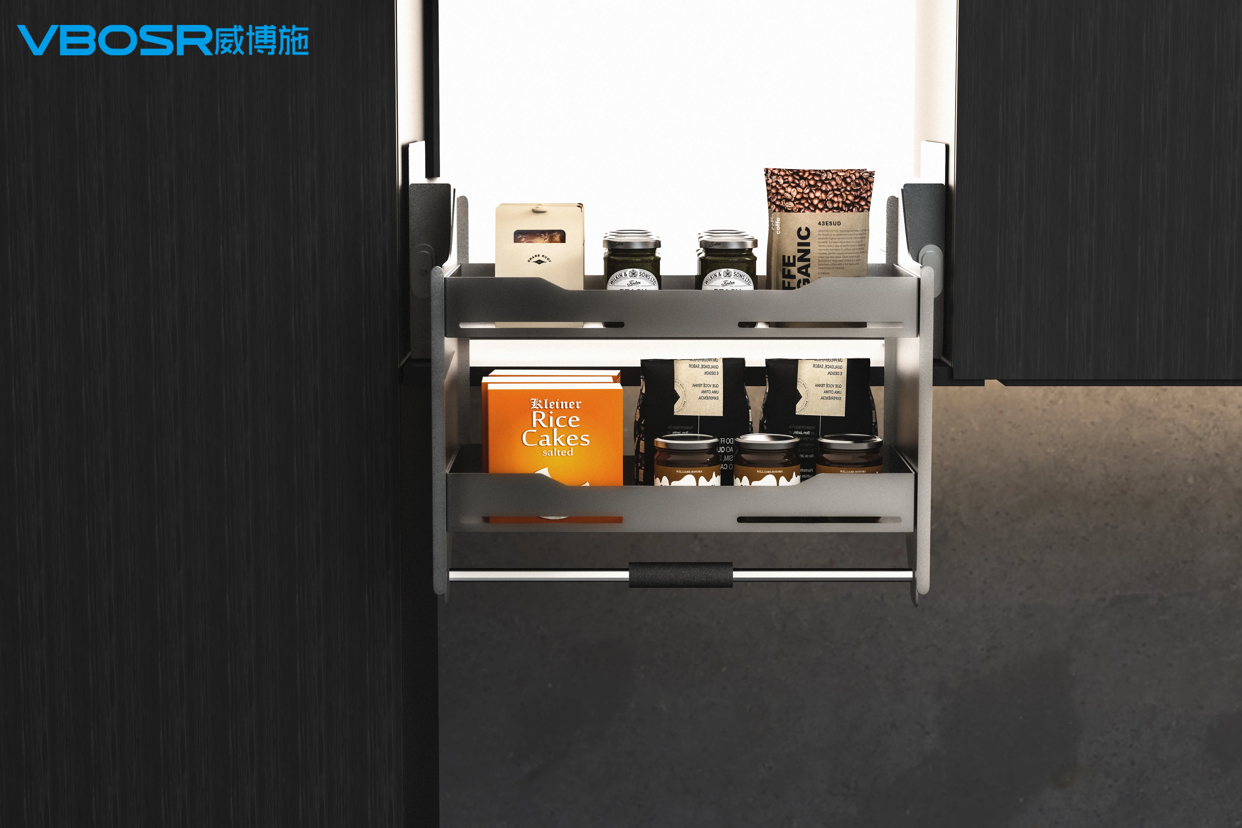 Modern Double Layer Kitchen Storage Cabinet with Lift Basket Rack Easy Installation in Cabinets