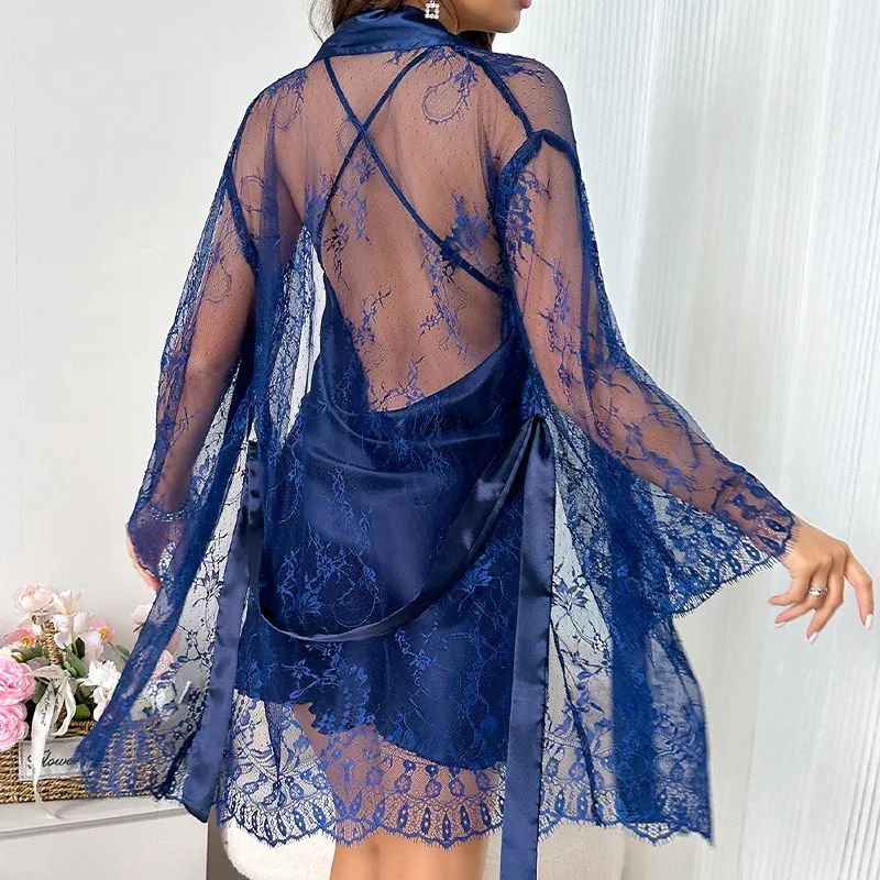 Fashion Lace Up Nightgown Sleeping Skirt Two-piece Set Women's Home Wear Sexy Thin Mesh Pajama Lace Sexy See Through Nightgown
