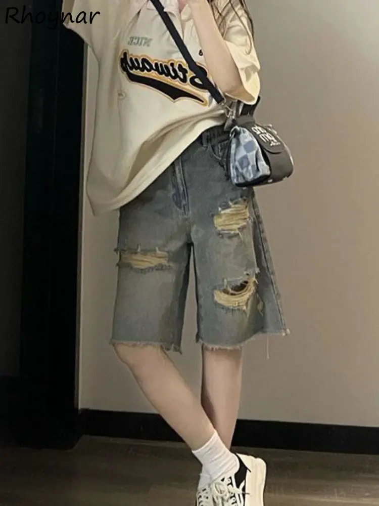 Jeans Women Sweet Students Knee Length Loose Ripped Denim Young Simple Retro American Style Chic Distressed Harajuku High Street