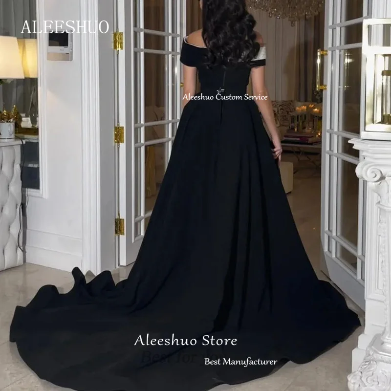 Aleeshuo Classic Black Satin Long Prom Dress A Line Party Dresses High Side Split Gowns Off the Shoulder Party Dress Customized