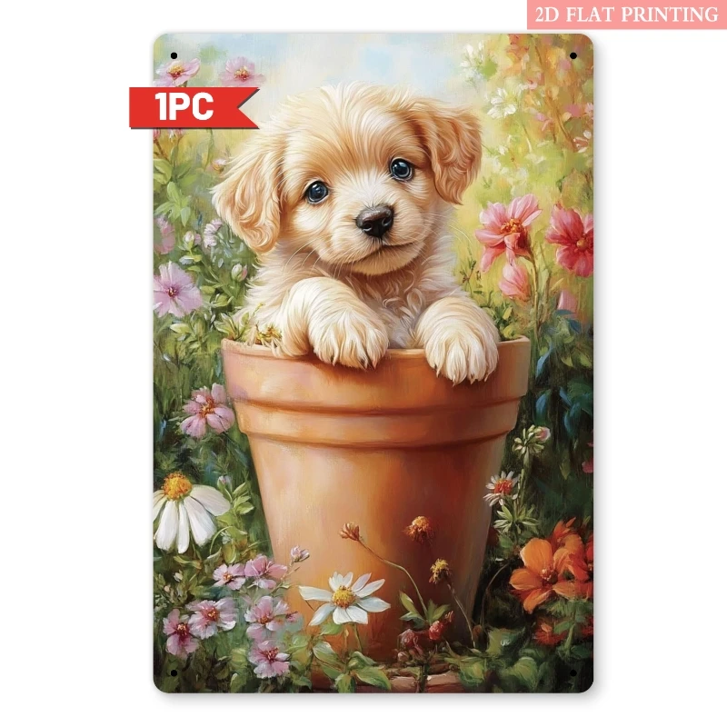 2D Flat - A 2D Flat Retro Metal Sign Featuring a Puppy, Measuring 7.87X11.81 inch. This Decorative Piece Embodies Vintage Aesthe