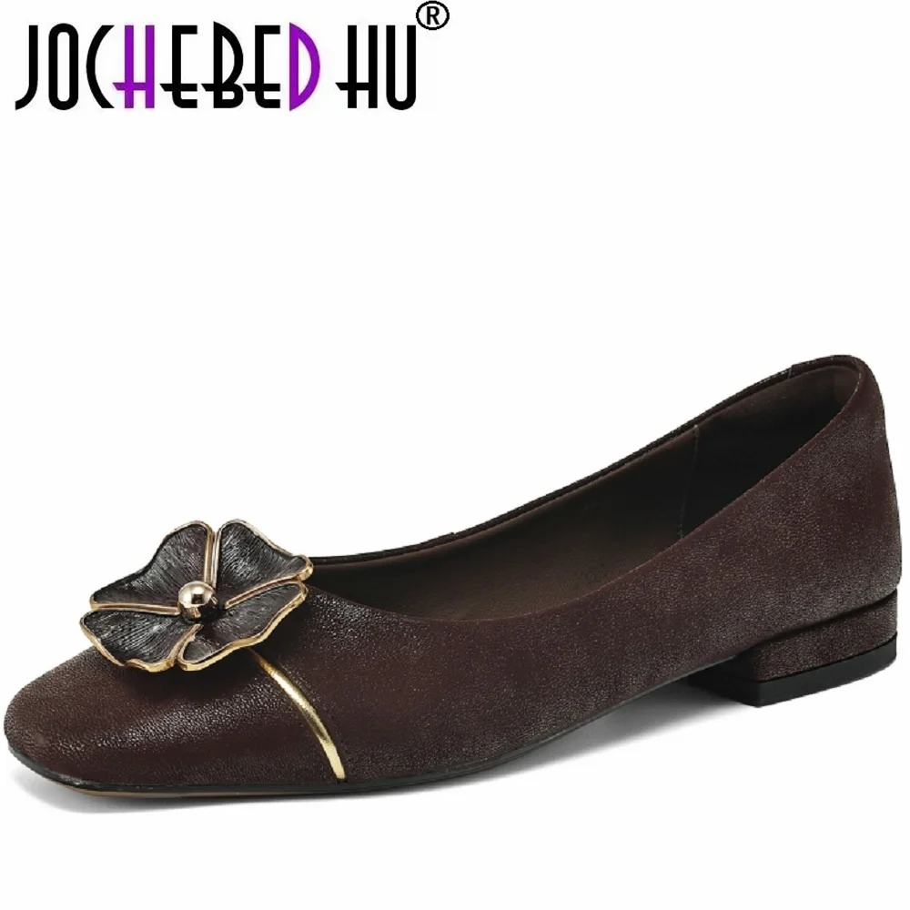 

【JOCHEBED HU】New Woman Handmade Genuine Leather Shoes Metal flower decoration Slip-On Loafers Square Toe Shoes Zapatos 34-41