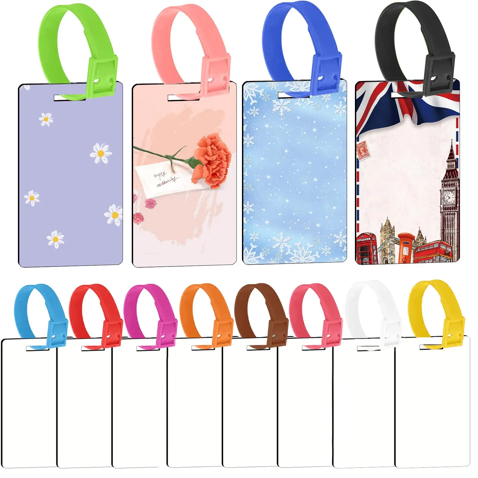 

12 Sets Sublimation Blank Luggage Tags Travel Bag Baggage Tag with Strap Heat Transfer Double Sided DIY Personal MDF Label Tag