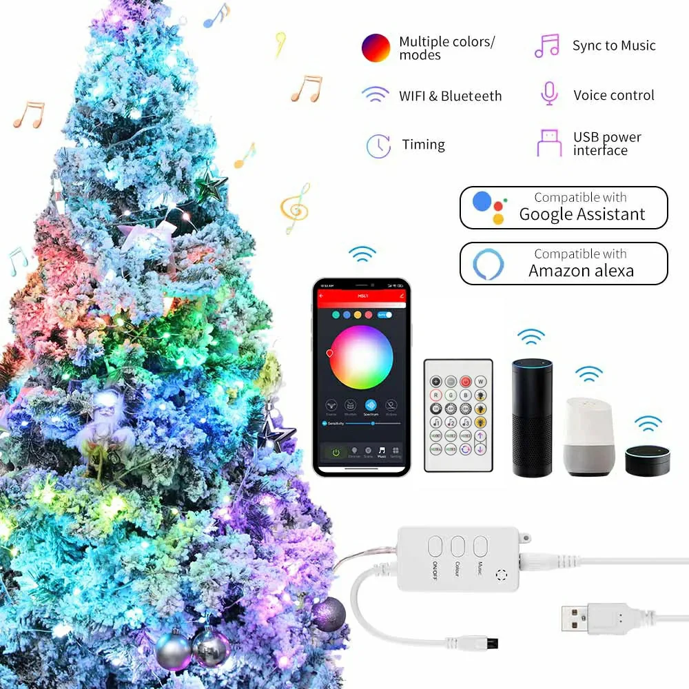 Smart Christmas String Lights Works Alexa Google LED Lights Color Changing Fairy Lights with App Remote for Indoor Christmas