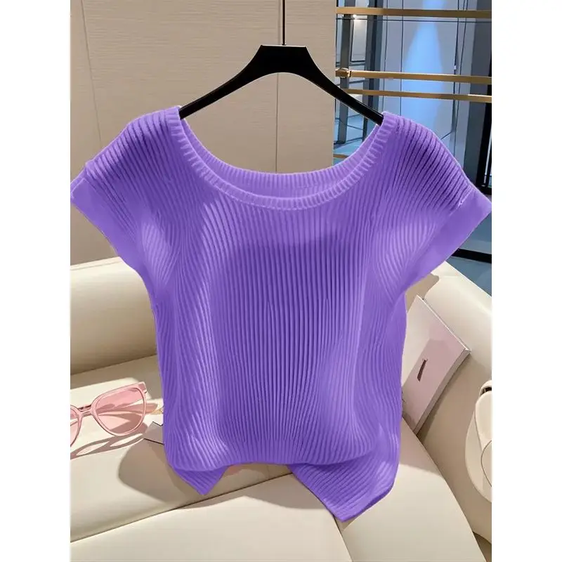 This Year's Popular Beautiful Pink Knitted T-shirt Women Summer Thin Breathable Loose Age-reducing Ice Silk Short-sleeved Top