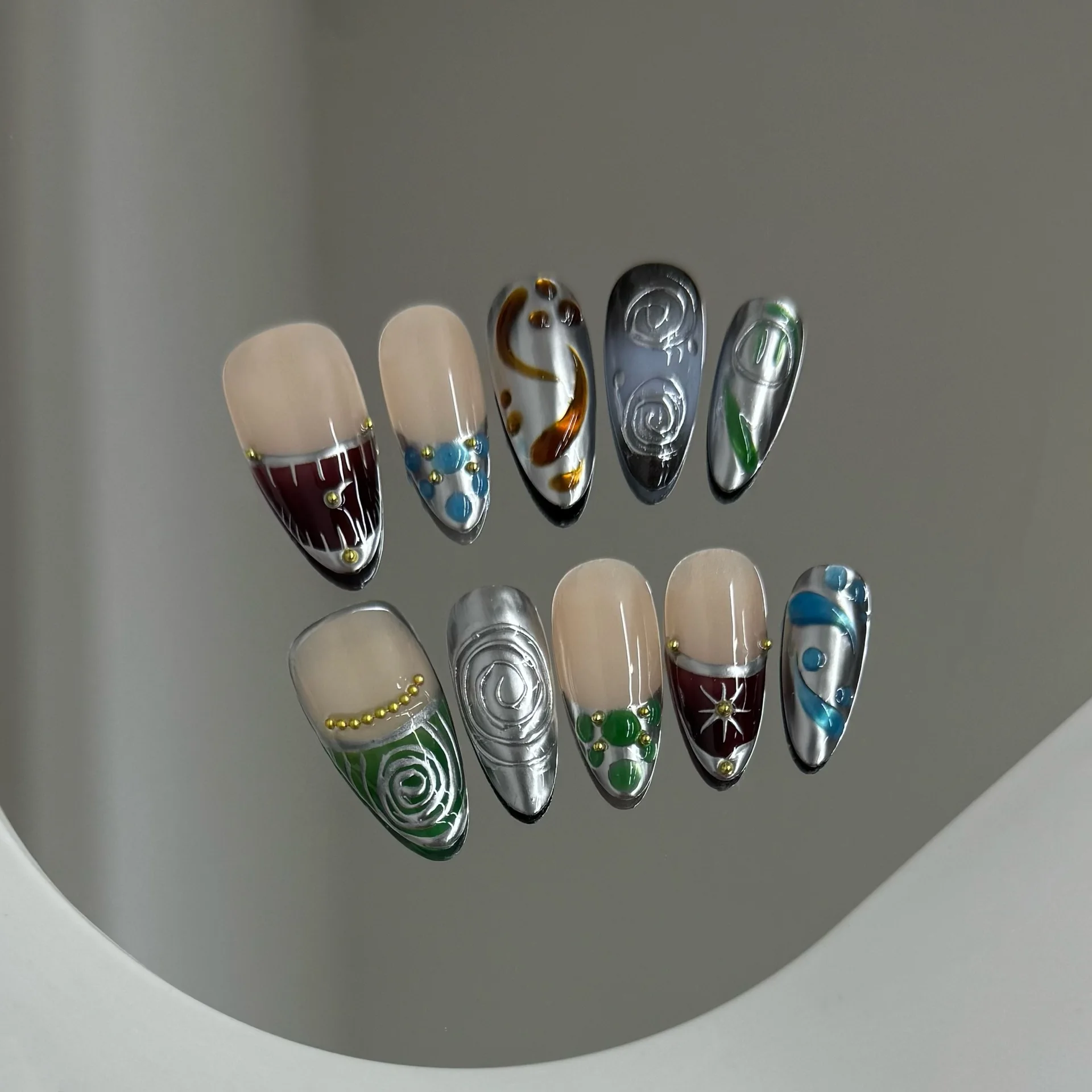 

10pcs Almond Handmade Fake Nails Full Cover Punk Metal Spicy Girls Press on Nails Wearable Blue Green Pattern French False Nails
