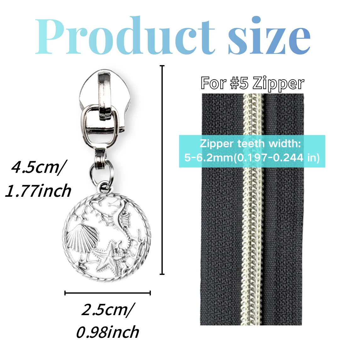 5pcs #5 Ocean Series Nylon Zipper, Hippocampus Starfish Zinc Alloy Zipper Pull, Replaceable Zipper, Luggage Zipper, Clothing