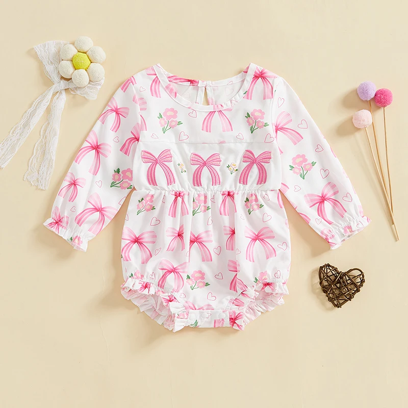 

Toddler Floral Print Dress with Bow Detail and Ruffle Trim Round Neck Long Sleeve Romper for Spring Outfits