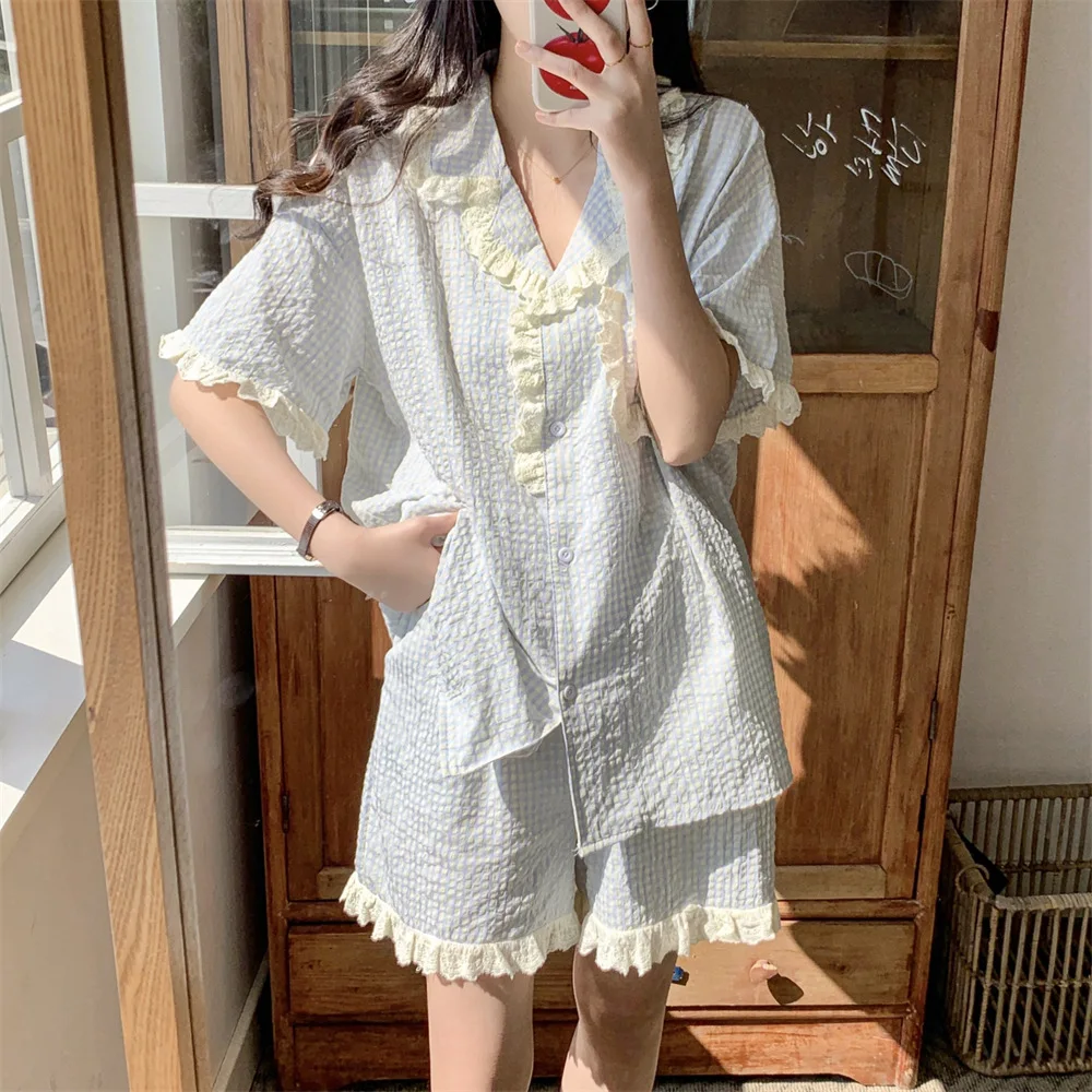 Summer Casual Plaid Pajamas Women Sweet Lace Short Sleeve Shorts Loungewear Women 2024 New ins Korean Style