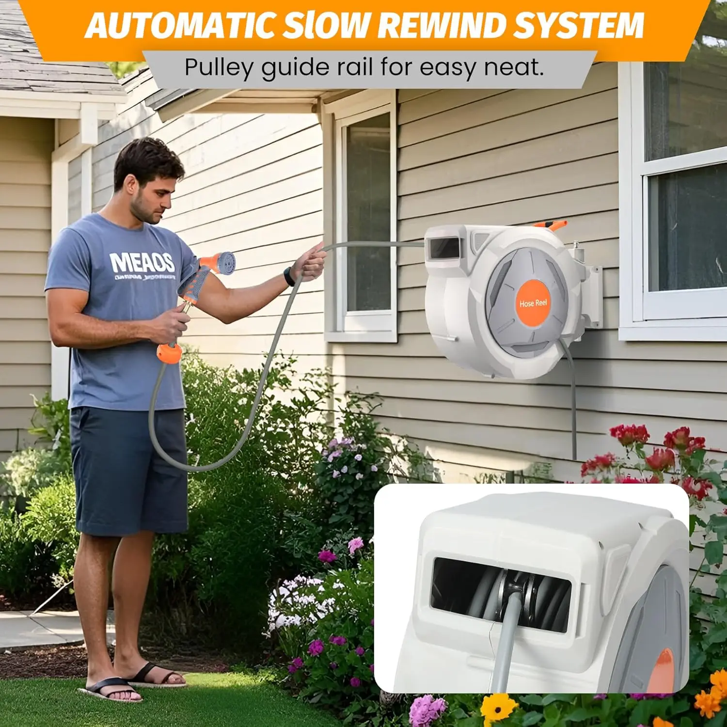 

Retractable Garden Hose Reel Wall Mounted Hose Reel Heavy Duty Garden Hose Reel with 9 Patterns Nozzle 180° Swivel Bracket