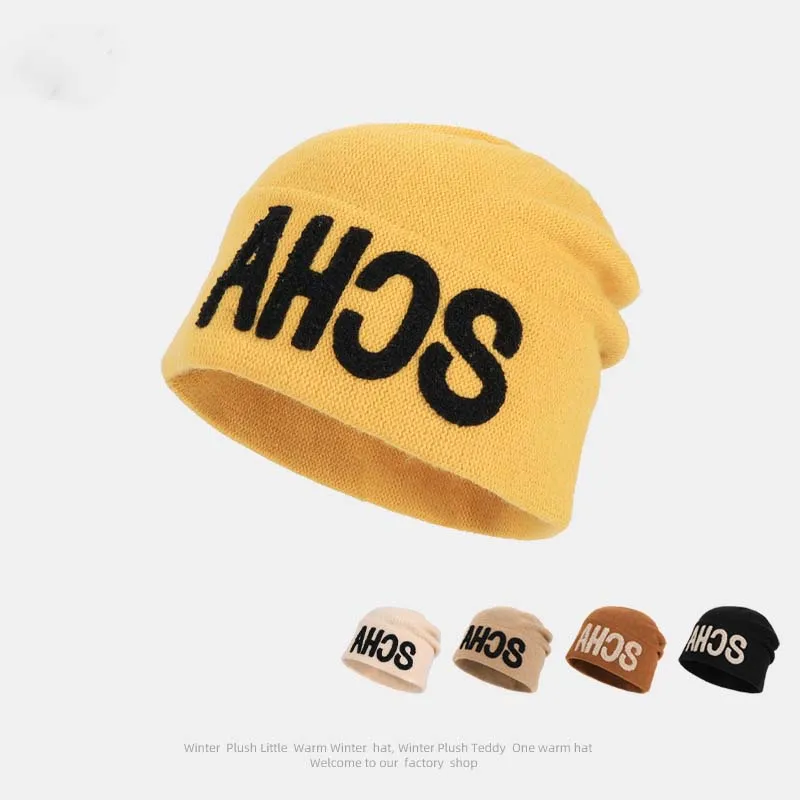 Winter Letter Knitted Woolen Pile Hat Mountain Climbing Cycling Travel Warm Pullover Cap Neutral Head Cover Ear Protection Cap