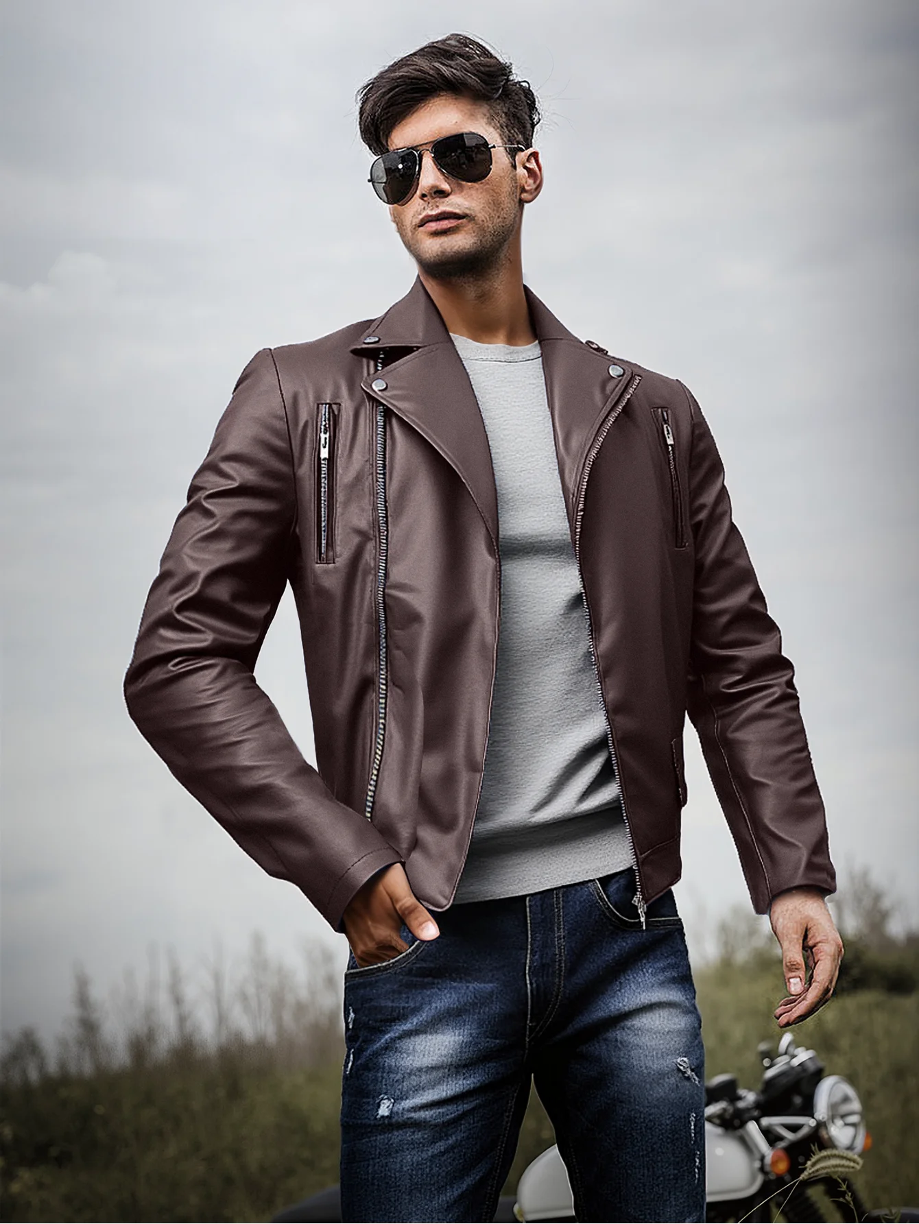 Fashion Leather Coat For Men Notched Lapel Slim Fit Business Casual Blazer Only Jacket
