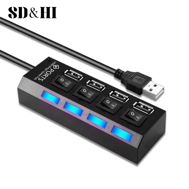 1PCS 4-port USB Hub One To Four Splitter Hub Plug And Play Independent Switch Small Socket Hub USB 4-port Splitter For Laptops