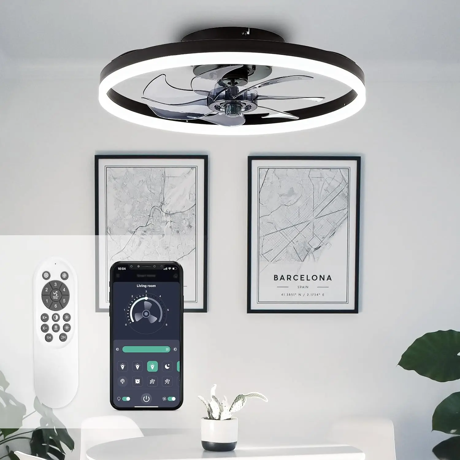 Sterren 20'' Modern Low Profile Ceiling Fan With Light, Bedroom Led Ceiling Fan With Remote Control, Bladeless Flush Mount